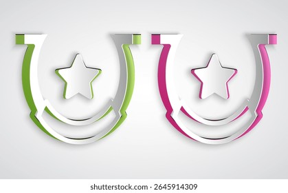 Paper cut Horseshoe icon isolated on grey background. Paper art style. Vector