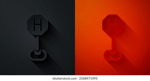 Paper cut Hospital road traffic icon isolated on black and red background. Traffic rules and safe driving. Paper art style. Vector