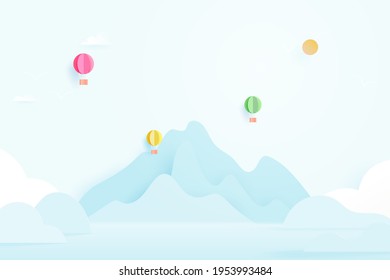 Paper cut of hot air ballons flying on mountains,clouds and blue sky color pastel paper art style.Vector illustration.