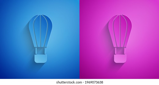 Paper cut Hot air balloon icon isolated on blue and purple background. Air transport for travel. Paper art style. Vector
