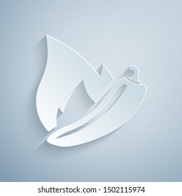 Paper cut Hot chili pepper pod icon isolated on grey background. Design for grocery, culinary products, seasoning and spice package, cooking book. Paper art style. Vector Illustration