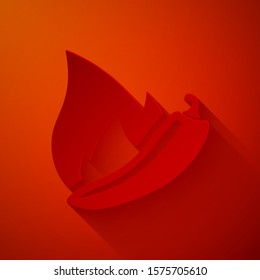 Paper cut Hot chili pepper pod icon isolated on red background. Design for grocery, culinary products, seasoning and spice package, cooking book. Paper art style. Vector Illustration