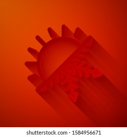 Paper cut Hot and cold symbol. Sun and snowflake icon isolated on red background. Winter and summer symbol. Paper art style. Vector Illustration