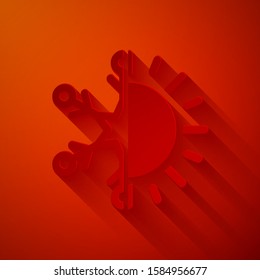 Paper cut Hot and cold symbol. Sun and snowflake icon isolated on red background. Winter and summer symbol. Paper art style. Vector Illustration