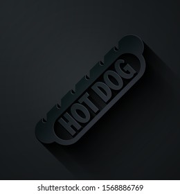Paper cut Hotdog sandwich icon isolated on black background. Sausage icon. Fast food sign. Paper art style. Vector Illustration