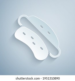 Paper cut Hotdog sandwich icon isolated on grey background. Sausage icon. Fast food sign. Paper art style. Vector