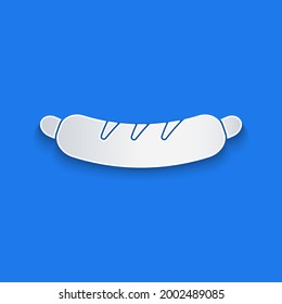 Paper cut Hotdog sandwich icon isolated on blue background. Sausage icon. Fast food sign. Paper art style. Vector Illustration
