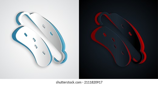 Paper cut Hotdog sandwich icon isolated on grey and black background. Sausage icon. Fast food sign. Paper art style. Vector