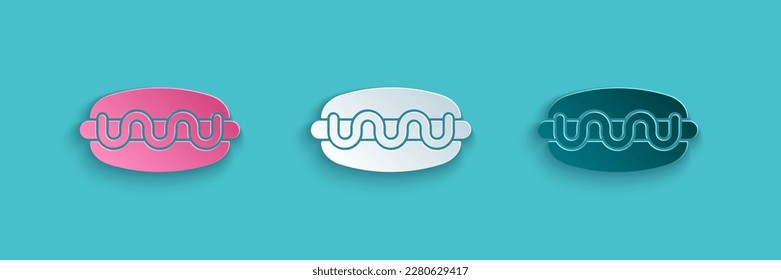 Paper cut Hotdog sandwich icon isolated on blue background. Sausage icon. Fast food sign. Paper art style. Vector