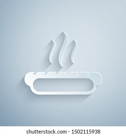 Paper cut Hotdog sandwich with mustard icon isolated on grey background. Sausage icon. Fast food sign. Paper art style. Vector Illustration