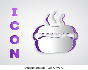 Paper cut Hotdog sandwich with mustard icon isolated on grey background. Sausage icon. Fast food sign. Paper art style. Vector