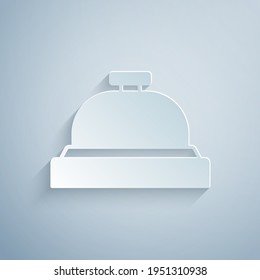 Paper cut Hotel service bell icon isolated on grey background. Reception bell. Paper art style. Vector