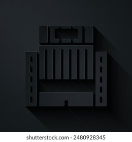 Paper cut Hotel Ukraina building icon isolated on black background. Paper art style. Vector