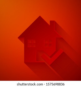 Paper cut House with check mark icon isolated on red background. Real estate agency or cottage town elite class. Paper art style. Vector Illustration