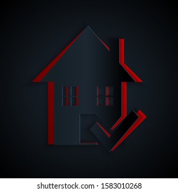 Paper cut House with check mark icon isolated on black background. Real estate agency or cottage town elite class. Paper art style. Vector Illustration