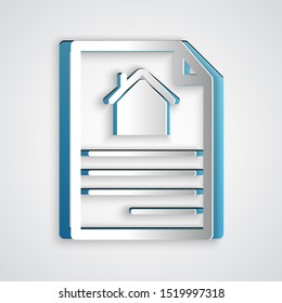 Paper cut House contract icon isolated on grey background. Contract creation service, document formation, application form composition. Paper art style. Vector Illustration