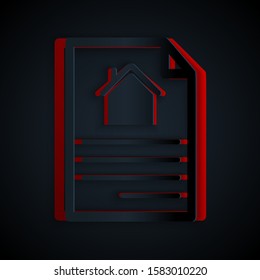 Paper cut House contract icon isolated on black background. Contract creation service, document formation, application form composition. Paper art style. Vector Illustration