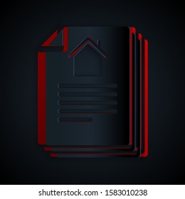 Paper cut House contract icon isolated on black background. Contract creation service, document formation, application form composition. Paper art style. Vector Illustration