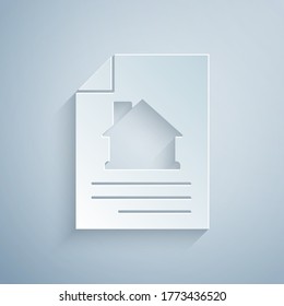 Paper cut House contract icon isolated on grey background. Contract creation service, document formation, application form composition. Paper art style. Vector
