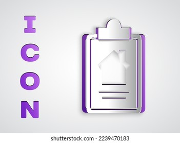Paper cut House contract icon isolated on grey background. Contract creation service, document formation, application form composition. Paper art style. Vector Illustration