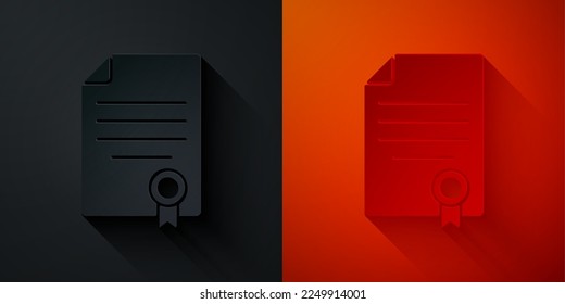Paper cut House contract icon isolated on black and red background. Contract creation service, document formation, application form composition. Paper art style. Vector