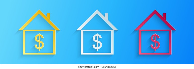 Paper cut House with dollar icon isolated on blue background. Home and money. Real estate concept. Paper art style. Vector.