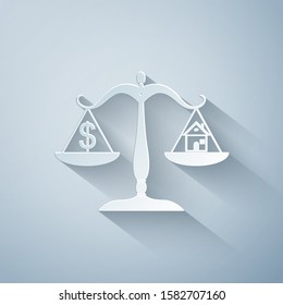 Paper cut House and dollar symbol on scales icon isolated on grey background. Paper art style. Vector Illustration