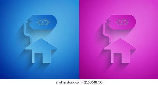 Paper cut House with dollar symbol icon isolated on blue and purple background. Home and money. Real estate concept. Paper art style. Vector