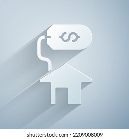 Paper cut House with dollar symbol icon isolated on grey background. Home and money. Real estate concept. Paper art style. Vector