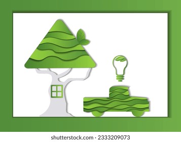 Paper cut house and electric car, green tree leaves inside, green house concept, green house, eco friendly, recycling concept, clean house