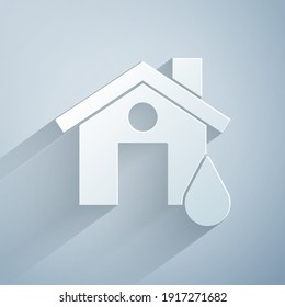 Paper cut House flood icon isolated on grey background. Home flooding under water. Insurance concept. Security, safety, protection, protect concept. Paper art style. Vector
