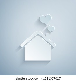 Paper cut House with heart shape icon isolated on grey background. Love home symbol. Family, real estate and realty. Paper art style. Vector Illustration