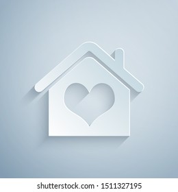 Paper cut House with heart shape icon isolated on grey background. Love home symbol. Family, real estate and realty. Paper art style. Vector Illustration