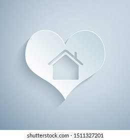 Paper cut House with heart shape icon isolated on grey background. Love home symbol. Family, real estate and realty. Paper art style. Vector Illustration