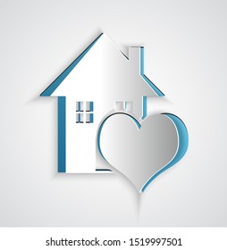 Paper cut House with heart shape icon isolated on grey background. Love home symbol. Family, real estate and realty. Paper art style. Vector Illustration