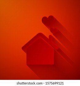 Paper cut House with heart shape icon isolated on red background. Love home symbol. Family, real estate and realty. Paper art style. Vector Illustration
