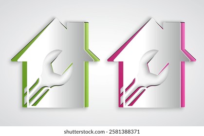 Paper cut House or home with wrench spanner icon isolated on grey background. Adjusting, service, setting, maintenance, repair, fixing. Paper art style. Vector