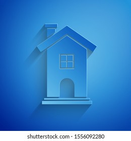 Paper cut House icon isolated on blue background. Home symbol. Paper art style. Vector Illustration