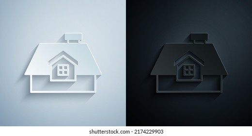 Paper cut House icon isolated on grey and black background. Home symbol. Paper art style. Vector