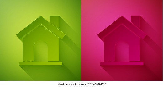 Paper cut House icon isolated on green and pink background. Home symbol. Paper art style. Vector Illustration