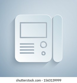 Paper cut House intercom system icon isolated on grey background. Paper art style. Vector Illustration