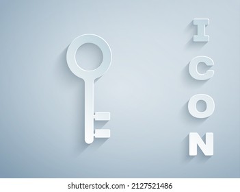 Paper cut House key icon isolated on grey background. Paper art style. Vector Illustration