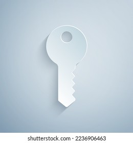Paper cut House key icon isolated on grey background. Paper art style. Vector