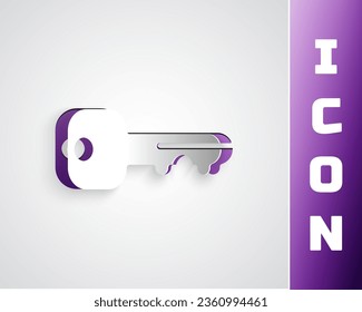 Paper cut House key icon isolated on grey background. Paper art style. Vector
