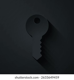 Paper cut House key icon isolated on black background. Paper art style. Vector