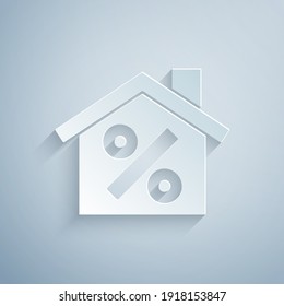 Paper cut House with percant discount tag icon isolated on grey background. Real estate home. Credit percentage symbol. Paper art style. Vector.