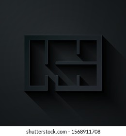 Paper cut House plan icon isolated on black background. Paper art style. Vector Illustration