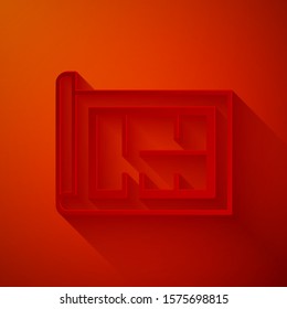 Paper cut House plan icon isolated on red background. Paper art style. Vector Illustration