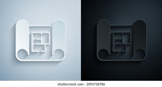 Paper cut House plan icon isolated on grey and black background. Paper art style. Vector