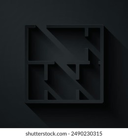 Icono de Plan de casa cortado en papel aislado sobre fondo negro. Estilo de arte de papel. Vector